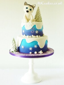 Two tier winter Birthday Cake with puppy MK Cakes | One-of-a-kind cakes for every occasion