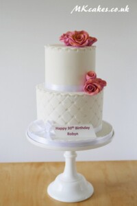 Classic White Birthday Cake with Rose Gold Roses Classic White Birthday Cake with Rose Gold Roses