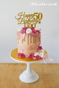 Rose Gold Dripping Birthday Cake with Flowers Rose Gold Dripping Birthday Cake with Flowers